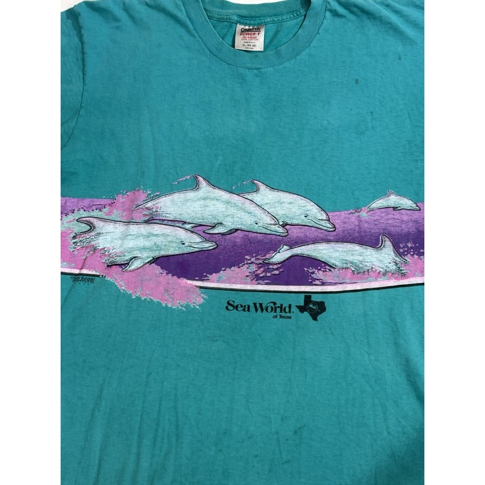 Vintage Sea World Dolphins All Over Print Single Stitch Adult XL Teal (flaw) Tee